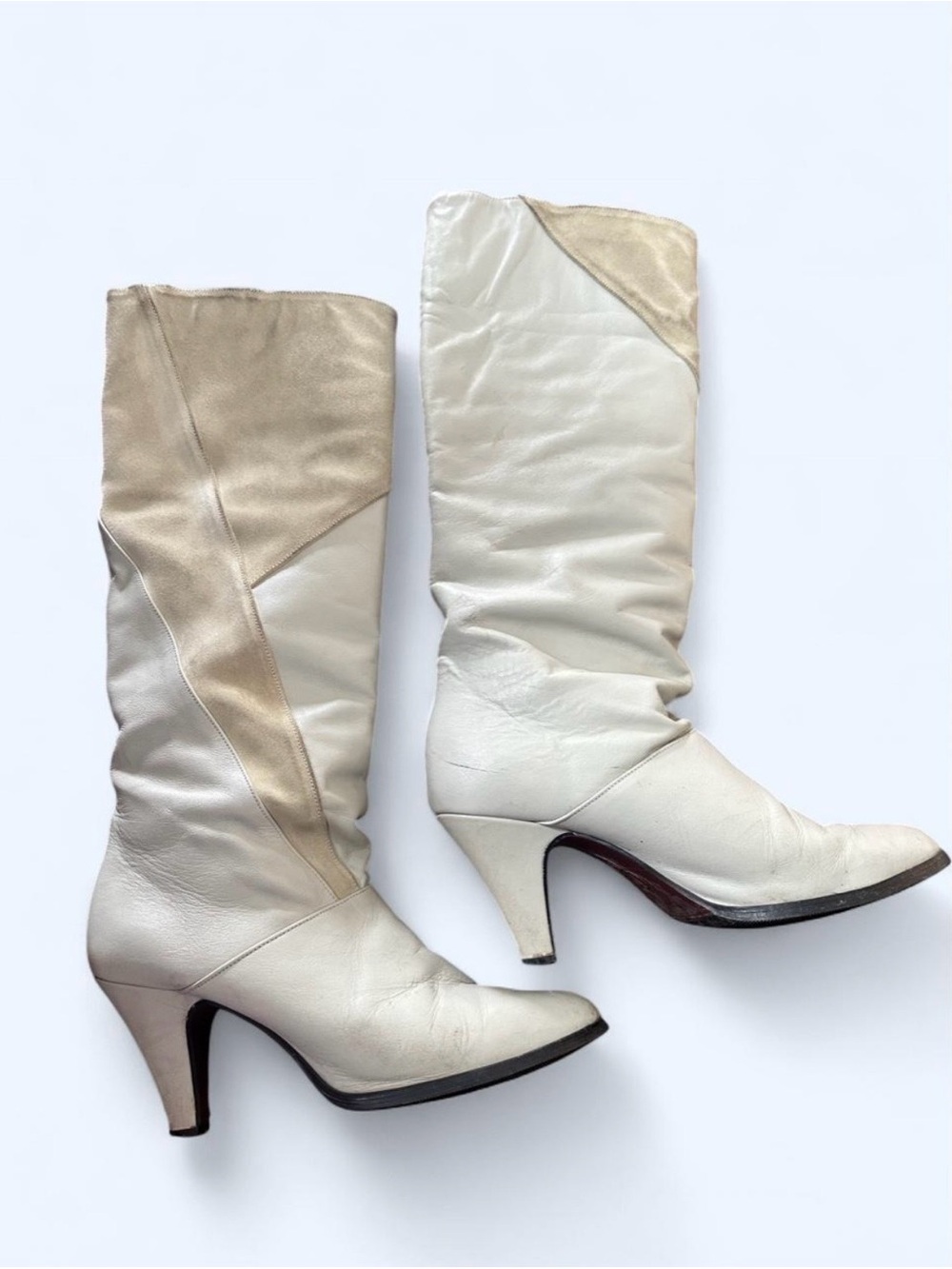 Women's Cream Two-Tone Mid-Calf Heeled Boots